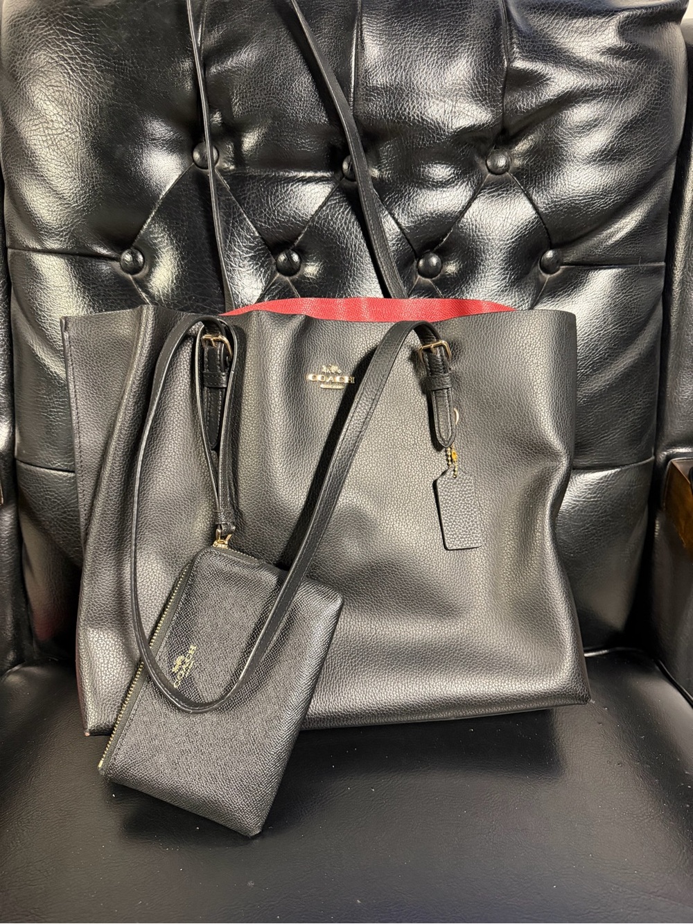 Coach Black Leather Tote with Red Interior and Wristlet
